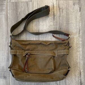 Fossil Olive Green Canvas Messenger Bag Leather Trim Crossbody Utility Bag